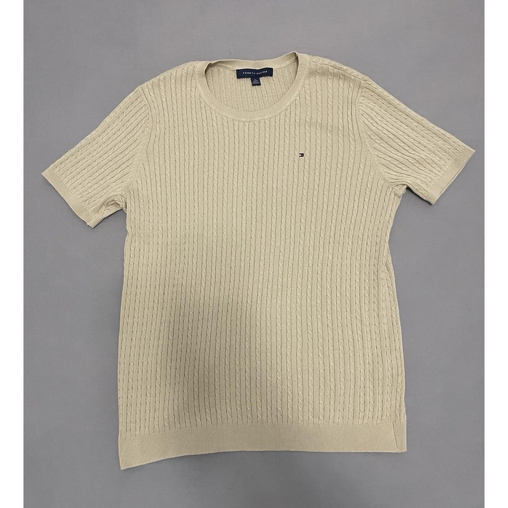Tommy Hilfiger Mens Cable Knit Short Sleeve Sweater Khaki Beige XL TJROSK147N